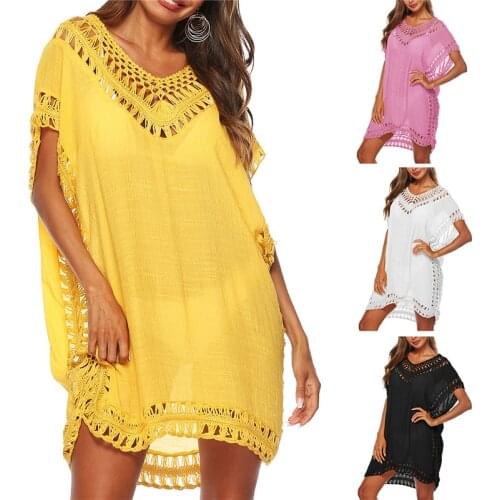 Beach Cover Ups 2021 Women Summer Beach Dress Bikini Crochet Knitted Tassel Tie Beachwear Solid Swimsuit Sexy V-Neck Robe Tunic