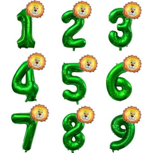 2pcs Happy Birthday Animal Tiger Ballons and 32 inch Green Number Foil Balloons Safari Jungle Party Ballon Kids Gift Air Globos