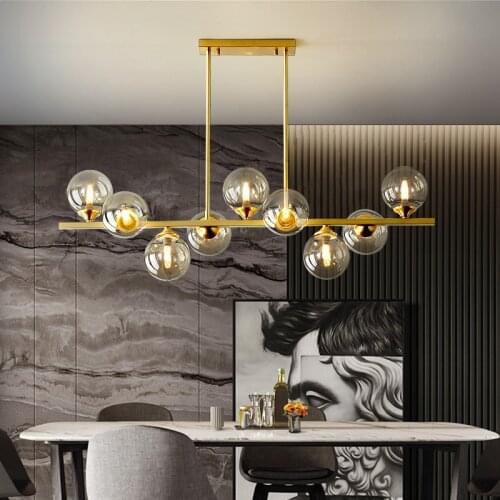 Modern Copper Luxury LED Chandelier Kitchen Island Cognac Glass Ball Lighting Hanging Fixtures For Dining Room Bar Cafe Office