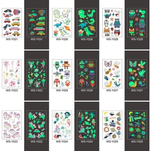 Animal Tattoo Stickers for Children Glowing Dark Taty Luminous Dinosaur Mermaid Waterproof Fake Tattoo Body Art for Night Party