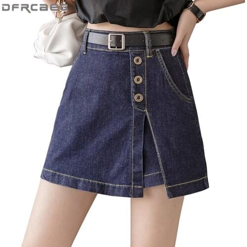 Deep Blue Stretch Retro Women Denim Mini Skirts With Belt 2021 Summer Streetwear Washed Button A-Line Jeans Skirt Female Saia