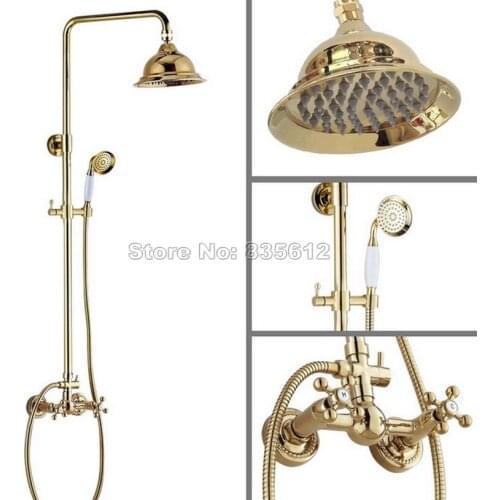 Bathroom Rain Shower Faucet Set W/ Luxury Gold Color Brass Wall Mounted Dual Handles Mixer Tap with Handheld Shower Head Wgf336