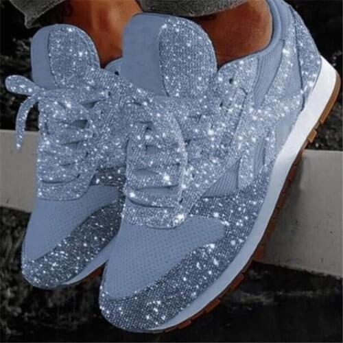 Women Flat Glitter Sneakers Casual Female Mesh Lace Up Bling Platform Comfortable Plus Size Vulcanized Shoes 2021 Soft Knitting