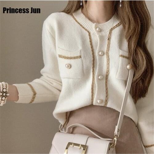 2021 New Spring Fashion Women Elegant Pearl Button Sweater Chic Gold Silk Stitching Knitted Cardigan Retro Long Sleeve Knit Top