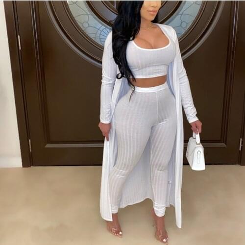 Women 3 Piece Matching Set Tank Crop Top+Pencil Pant+Maxi Open Stitch Cardigans Casual Ribbed Lounge Set Three Piece Outfits