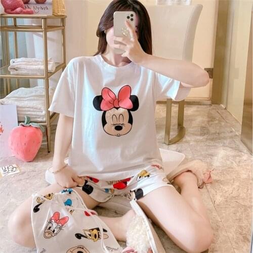 Disney Mickey Minnie Women Pajamas Set Summer Cute Cartoon Short Sleepwear Girls Comfortable Home Clothes