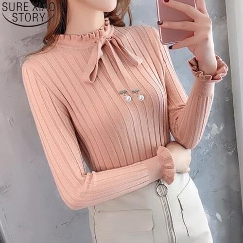Korean Fashion Sweater Women Solid Slim Fit Bottoming Shirts Ruffled Collar Long Sleeve Pullover Sweaters Winter Clothes 10367