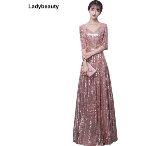 Ladybeauty 2018 New arrival Sequined Evening Dress V-Neck Half sleeves Simple Evening Gowns Long Party Formal Dresses