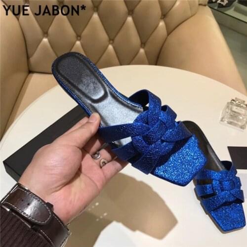 2018 Hot Spring Summer Shoes Woman Leather Bling Tribute Slippers Woman Cozy Slides Open Toe Flats Mujer Slippers Tide Shoes