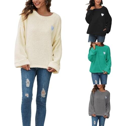 2021 Womens Casual Long-sleeved Sweater Fashion Heart Embroidery Pullover Plush Sweatshirt for Shopping Dating Office
