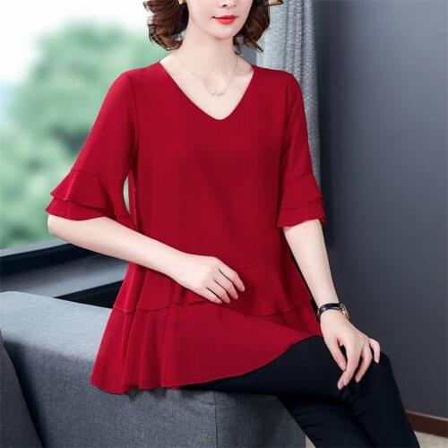 Summer V-Neck Solid Chiffon Blouse Women Shirts Elegant Ruffles Tops Vintage Half Flare Sleeve Office Blouses Plus Size M-8XL