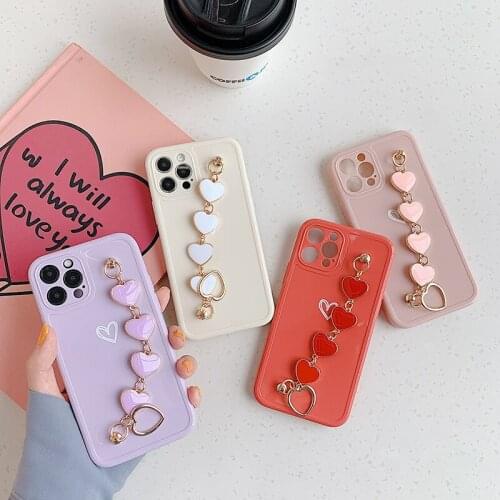 For iPhone 11 12 Pro Max Cases Love Heart Chain Wrist Bracelet Phone Case For iPhone XR XS Max 7 8 Plus X Candy Color Back Cover