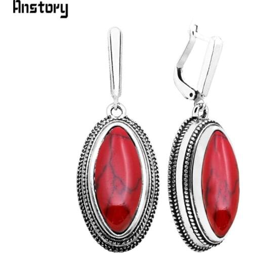 5 Colors rhombus Synthetic Turquoises Earrings For Women Vintage Antique Silver Plated Fashion Jewelry TE396