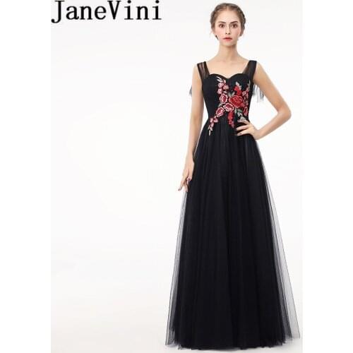 JaneVini 2018 Elegant Black Long Evening Dresses A Line Sequined Exquisite Embroidery Tulle Mother of the Bride Dress Plus Size