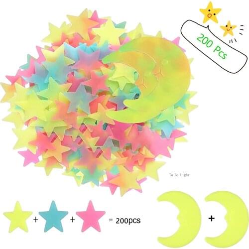 200 Pcs Colorful Glow in The Dark Luminous Stars and Moon Fluorescent Plastic Wall Stickers for Bedroom Living Room,Kawaii Decor