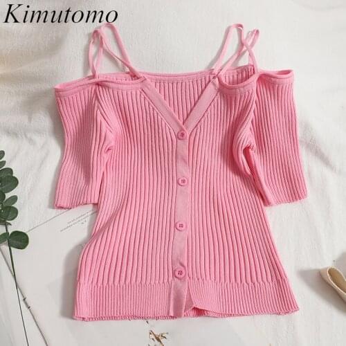 Kimutomo Summer Casual Knit Cardigan Women Elegant Off Shoulder Slash Neck Short Sleeve Solid Single Breasted Short Top Knitwear