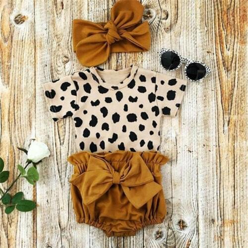 Newborn Toddler Baby Girls Clothes Sets Leopard Print Short Sleeve Romper Tops Bow Shorts Headband 3pcs Outfit Set