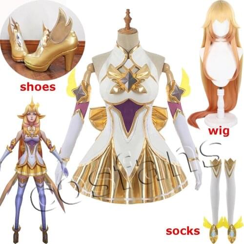 Anime LOL Star Guardian Soraka Cosplay Costumes Game LOL Soraka Cosplay Costume Sexy Women Dress Halloween Stocking Shoes Wigs