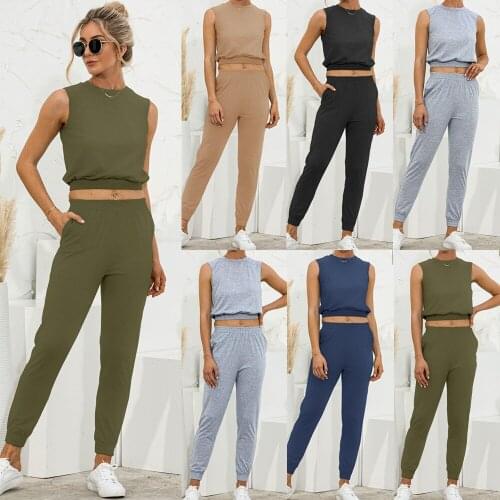 Tracksuit Women Summer Pant Suits Casual 2 Piece Outfits Sleeveless Short Tanks+Elastic Waist Pencil Pants Womens Clothing 2021