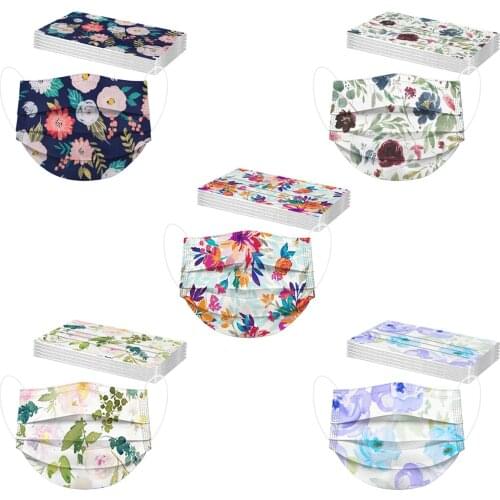 Ski Fasemask 10-50pcs Adult Floral Printed Mouth-muffle Disposable Flower Face Mask 3 Layer Ply Cloth Filter Facemask Balaclava