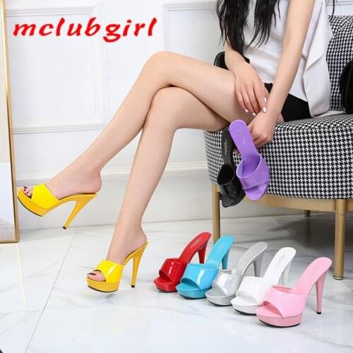 Mclubgirl 2020 New Summer Solid Round Head Fashionable All-around Net Red Sexy High Heels Thin Heel One Word Slipper Woman LFD