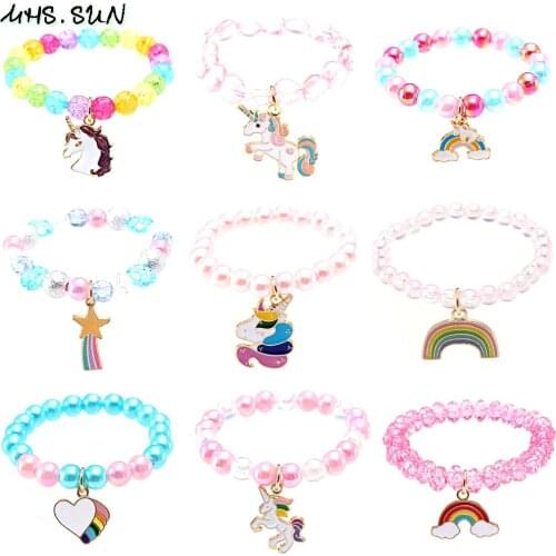 MHS.SUN 5pcs fashion kids girls charms bangles cute baby cartoon unicorn/rainbow/heart pendant bracelets beads jewelry for party