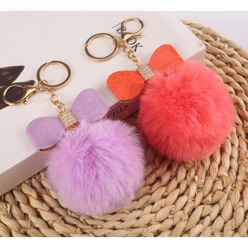 Cute Fur Pompom Keychain Rhinestone Leather Bow Artificial Rabbit Ball Bag Pendant Car Key Ring Gift Women Handbag Key Chain