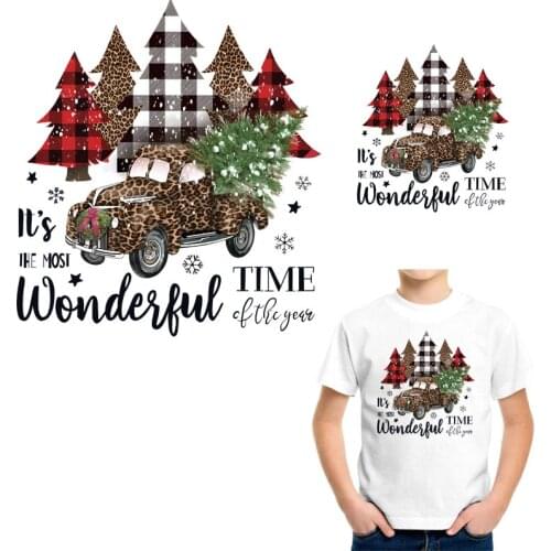 Patches For Clothing Christmas Car Iron On Heat Transfer DIY Washable T-shirt Hooides Thermal Sticker Clothes Applique Decor