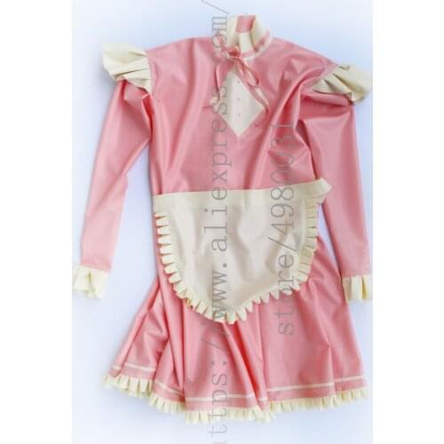 Novelty maid uniform latex dress with white apron and back zip in baby pink color
