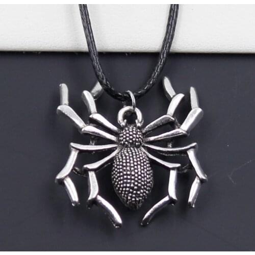 New Durable Black Faux Leather Cord Choker Spider Halloween Charm DIY Necklace Boho Tibetan Silver Color Pendant Dropshipping