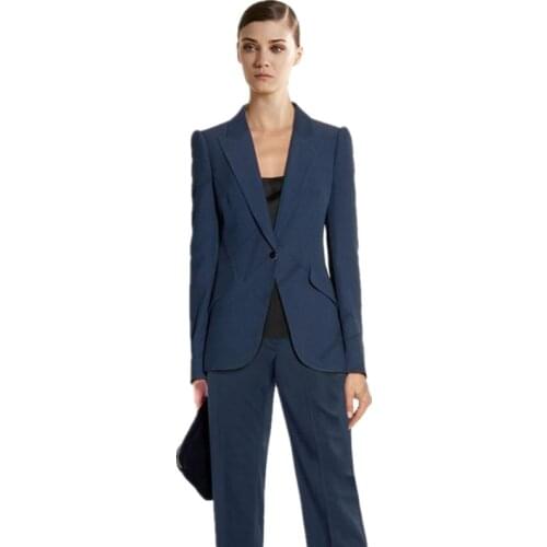 Jacket+Pants Womens Business Suits Dark Lake Blue Female Office Uniform Formal Single Breasted Ladies Trouser Suit 2 Piece