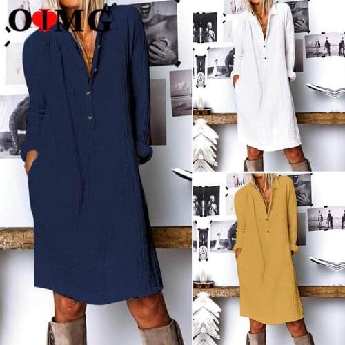 OIMG Button V Neck Casual Dress Women Long Sleeve Knee Length Loose Shirt Dresses Female Blue Yellow White Plus Size Robe 10291
