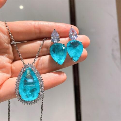 QTTWater Drop Women 925 Sterling Silver Bridal Jewelry Set For Wedding Fashion Tourmaline Pendants Necklaces Earring Set