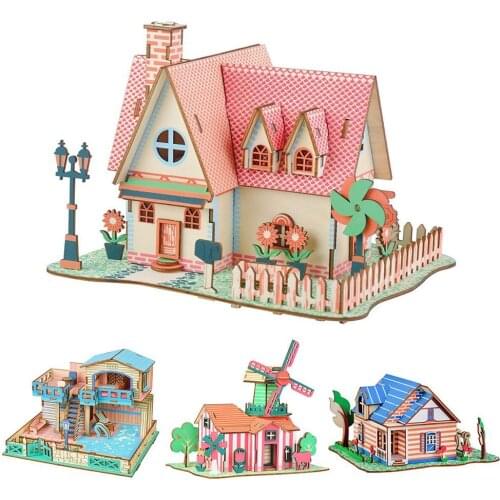 DIY Assembly Puzzle 3D Castle Villas House Architecture Model Tabletop Ornaments Kids Education Cognition Handmade Toy