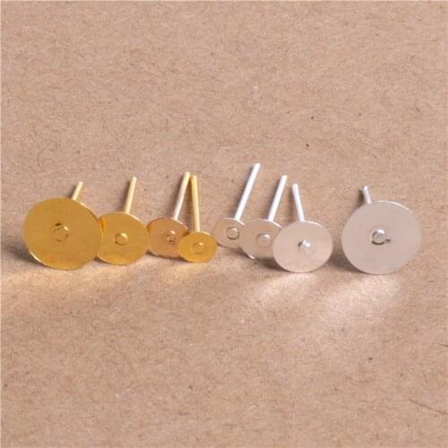 200 Pieces Gold Silver Color Blank Post Earring Studs Pins Steel Color Flat Round Tray Base for Earring Jewelry Findings