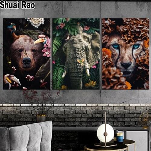 Triptych diamond painting Animal Tropical Wall Art Bear Tiger Elephant Lion Birds Landscape embroidery cross stitches full drill