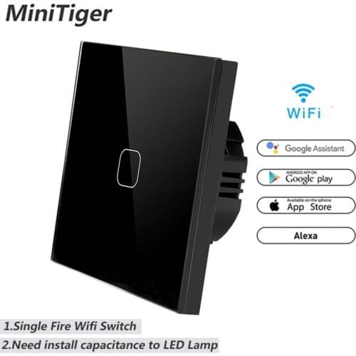 Minitiger EU/UK WIFI Smart Touch Switch APP Wireless Remote Light Wall Switch Crystal Glass Panel Works With Alexa / Google Home