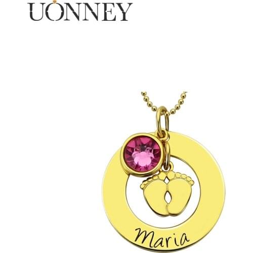 UONNEY Dropshipping Customized Engraving Child Name Baby Feet Pendant Necklace with Birthstone New Mom Silver Jewelry Bead Chain