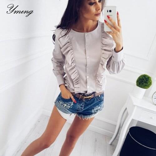YMING Ruffle Women Blouse Fashion Button Shirt Party White Blusas Long Sleeve Ladies Tops O-Neck Female Tunic Female Clothing