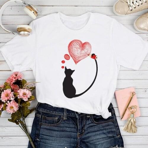 T-shirts Women Cat Love Sweet Lovely Animal Casual Fashion Short Sleeve Tshirt Top Lady Stylish Girl Print Clothes Tee T-Shirt