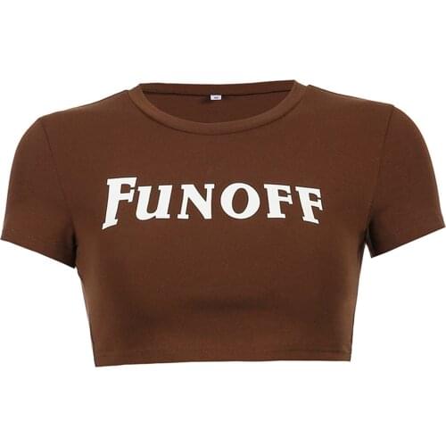 2021 New Women Summer Crop Tops, Letter Print Round Neck Short Sleeves Slim T-Shirt Streetwear for Girls, Brown