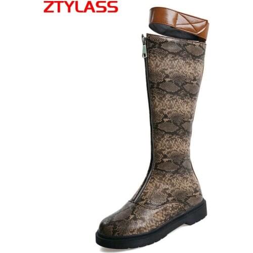 Women Flat With Round Toe Knee High Boots Fashion Zipper Snake Print Women Boots Ladies Autumn Winter Platform Shoes Black