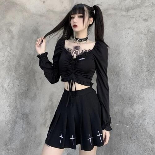 GREYGEM Woman Gothic T Shirts 2021 Autumn Winter Flare Sleeve Shirring Clothing Fashion Ruffle Patchwork Vintage Black Crop Top