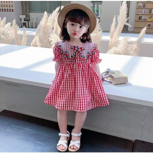 1 2 3 4 5 6 Year Toddler Girls Dress 2020 New Summer Sweet Children Princess Dresses Embroidered Cherry Collar Plaid Kid Clothes