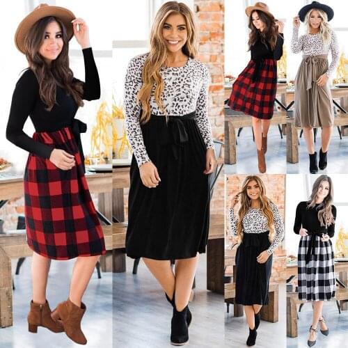 Oversized Womens Leopard Print Long-sleeved Dress Autumn and Winter New Knitted Skirt Slim-fit Lace