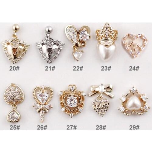 10pcs/lot 3D Love Heart Alloy Nail Art Zircon Pearl Crystal Metal Manicure Nails Accessories Supplies Decorations Charms 20#-29