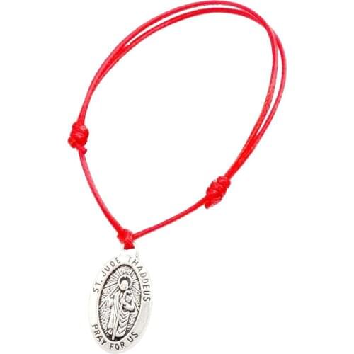 10Pcs Adjustable Bracelets Red Waxes rope Zinc Alloy ST. JUDE THADDEUS Jesus Oval Medal Charm Adjustable Bracelet B-32