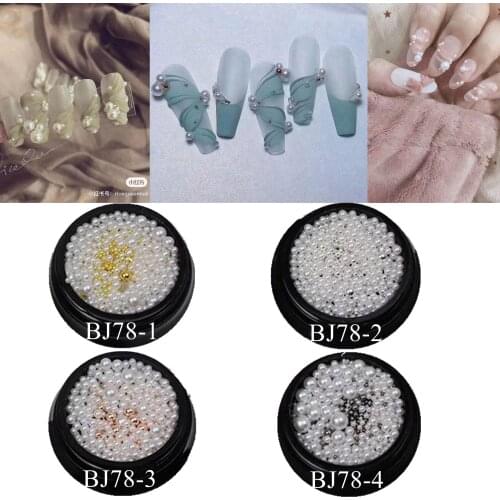 1Jar Nail Art Mix Decorations Different Size Ball Pearl with Mini Metal Beads Different Color Mix in Jar BJ78