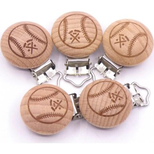 5pcs/Lot 30mm Printed Football Beech Wooden Clips Baby Pacifier Clip Holder Lnfant Soother Clasps Natural Wood Baby Accessories