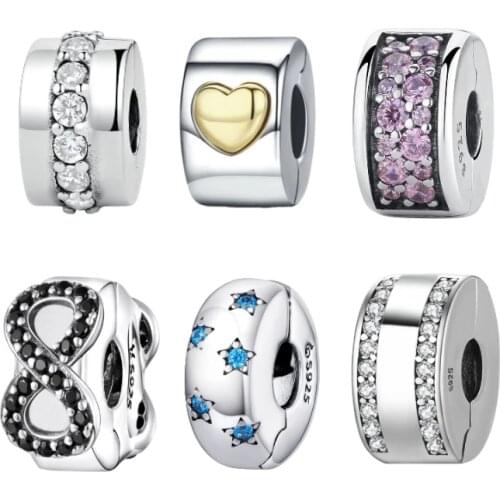 BISAER Authentic 925 Sterling Silver Stopper Clip Heart Star Charm Clear CZ Beads fit Charm Silver 925 Bracelet Jewelry Making